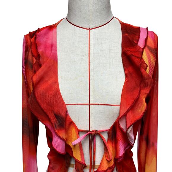 Vintage Windsor Womens Size L Printed Mesh Tie Front Ruffle Y2K Cardigan - Picture 3 of 9